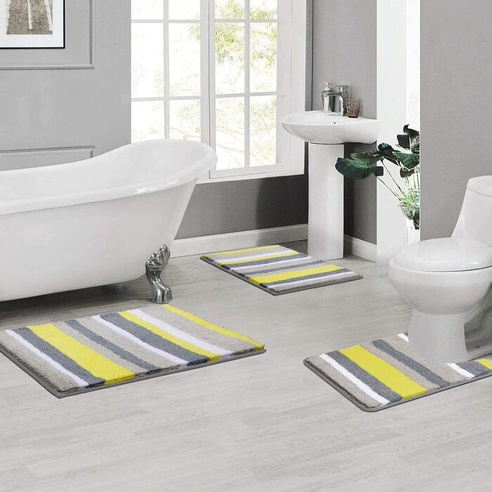 Pauwer Non-Slip Bath Mats Set, 3-Piece Bath Rug Soft Microfiber Absorbent Bathroom Rug Machine Washable Bath Mat for Bathroom Living Room (Yellow) Yellow 50 x 80 cm + 45 x 65 cm + 50 x 60 cm