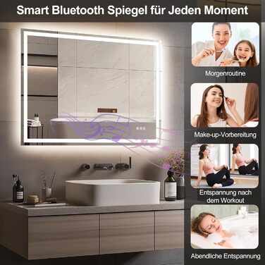Дзеркало для ванної кімнати зі світлом, 70x50 см, з сенсорним вимикачем, проти запотівання, 3 кольори світла, регулювання яскравості, Bluetooth (80x60 см)
