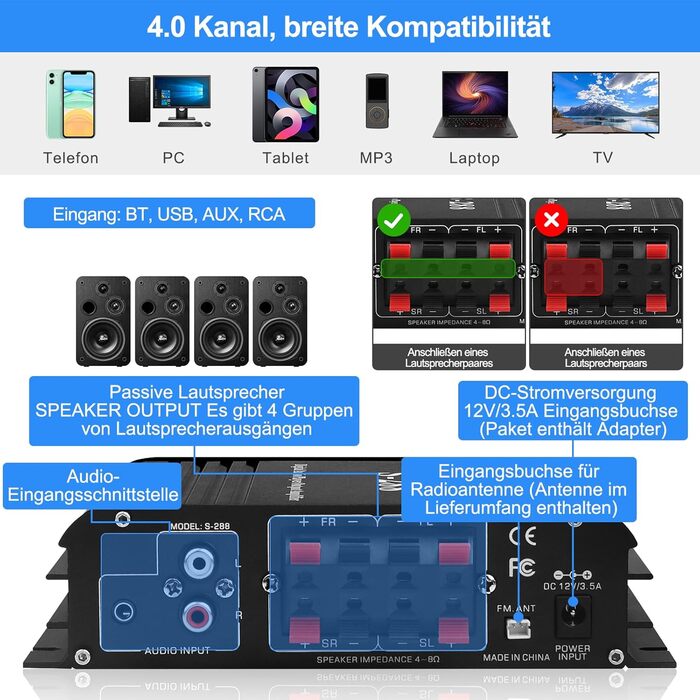 HiFi підсилювач S-288 600Вт, міні Bluetooth стерео аудіо ресивер, 12В/220В, 4 канали, цифровий підсилювач із LCD-дисплеєм, FM-радіо, Bluetooth, USB-вхід, для дому або авто