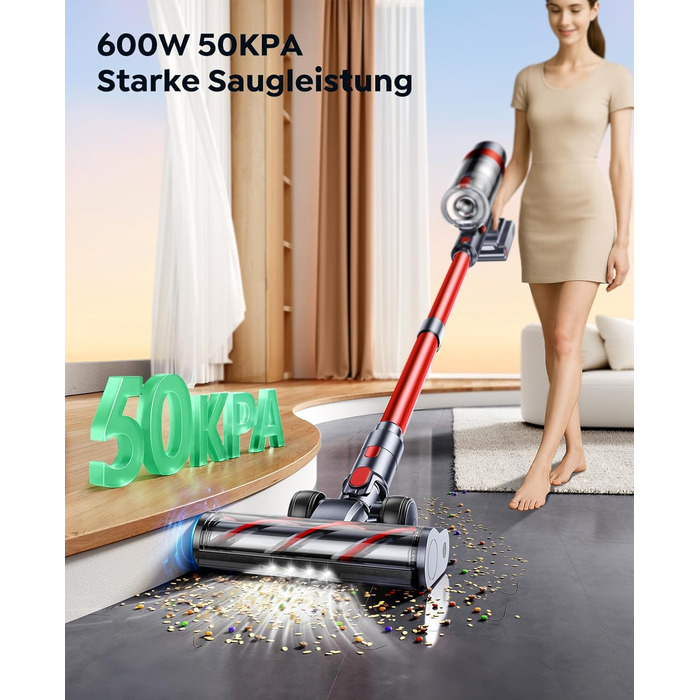 Бездротовий акумуляторний пилосос SunSare 600W з автоматичним режимом, сенсорним екраном та висувним шлангом 1м для твердих поверхонь, килимів та шерсті тварин