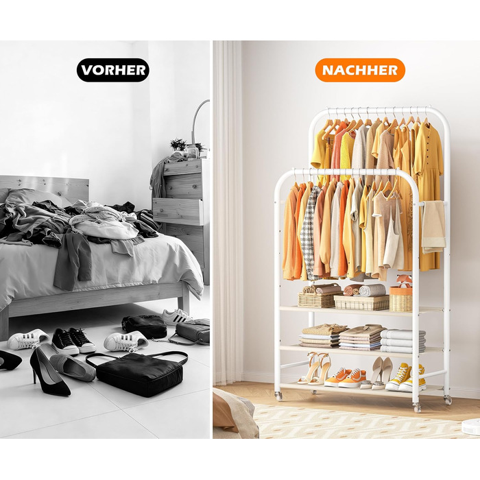 Вішалка для одягу HOMIDEC з 3 полицями, подвійна штанга на колесах, металевий каркас, біла - до 80 кг