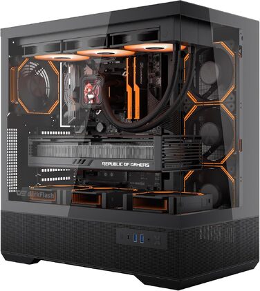 Ігровий корпус darkFlash LAND451 Midi Tower ATX, підтримка BTF-материнських плат, вертикальна установка відеокарти (до RTX 5090), Type-C, підтримка 2x360мм СРО, панорамний дизайн, чорний