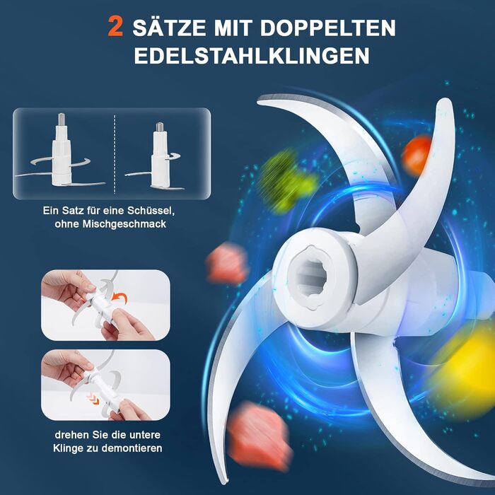 Електричний подрібнювач Bear Mini 0.6L+2L: подрібнювач для м'яса, овочів, фруктів та дитячого харчування з 4-ма лезами з нержавіючої сталі та м'ясорубкою