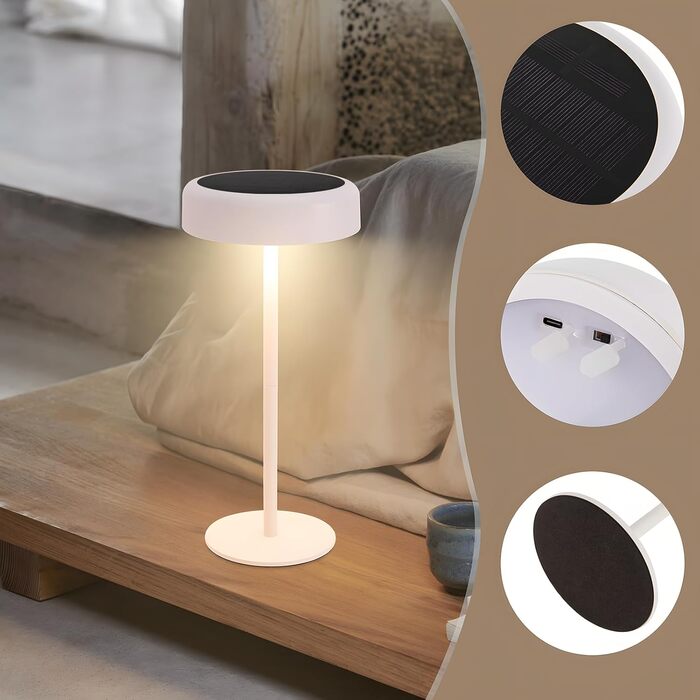 Настільна лампа на сонячній батареї з акумулятором LED, 2 шт. - Бездротова, з димером, сенсорна, біла, для дому та вулиці (IP44)