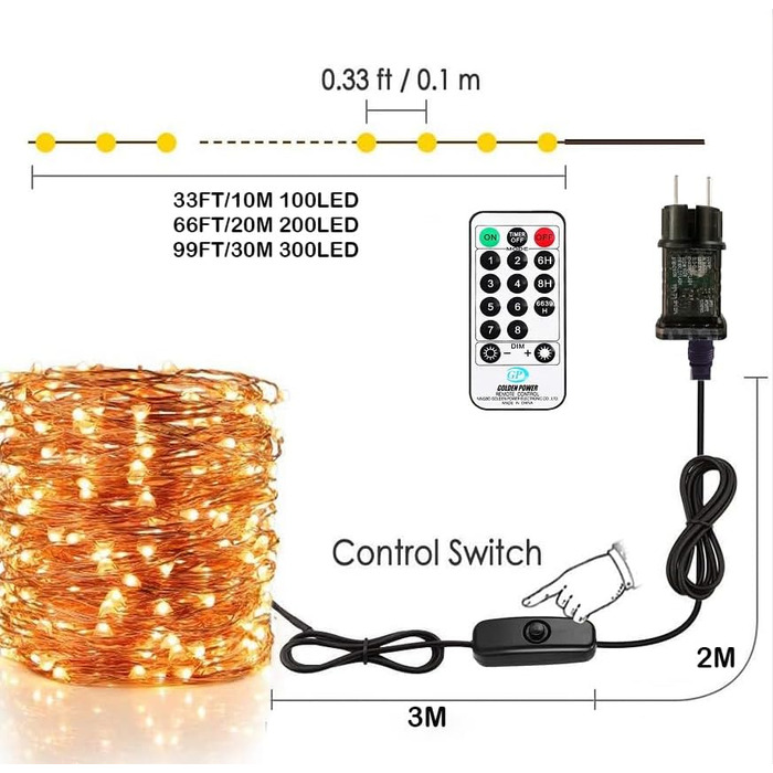 Льоко-світлодіодна гірлянда 20 м, 200 LED, тепле біле світло, з пульт, водонепроникна IP65, для декору на Різдво, весілля, сад, вечірку