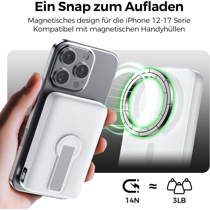 Пауербанк MagSafe, 12000mAh, 22.5W PD, USB-A, бездротова зарядка, Type-C, LED, для iPhone 17/16/15/14/13/12/Pro/Pro Max, білий