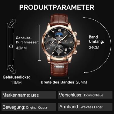 Годинник LIGE чоловічий, Хронограф, Аналоговий кварц, Ремінець зі шкіри, Календар, Світлодіодна підсвітка, Водостійкий 3ATM, Годинник для чоловіків, Бізнес, Відпочинок (Коричневий/Чорний)