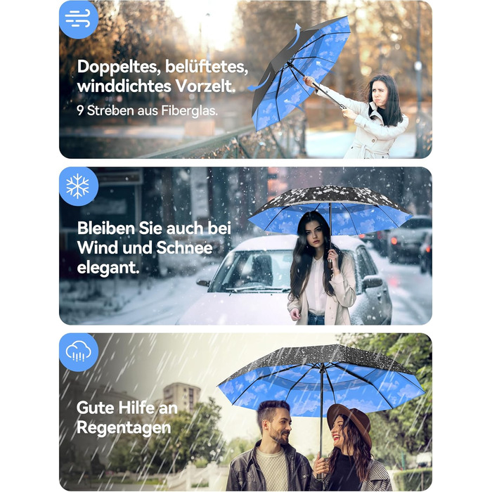 TECKNET Автоматичний парасолька-тростина, штормостійкий, легкий у відкриванні та закриванні, синій та білий