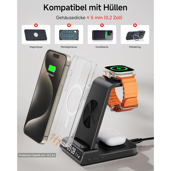 Бездротова зарядна станція 3-в-1 для Apple iPhone 16/15/14/13/12 Pro/Plus, Apple Watch Ultra 2/9/8/7/6/5, AirPods Pro/4/3/2 – Чорна