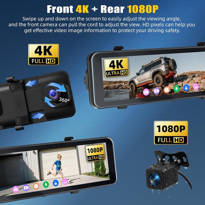 Дзеркало заднього виду з відеореєстратором OiLiehu 4K AHD, 10.88