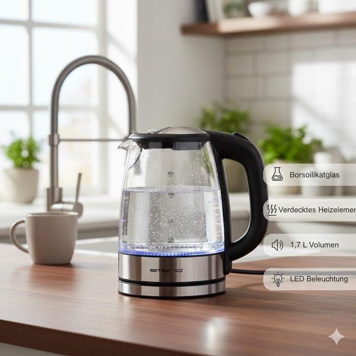 Електричний чайник EMERIO з боросилікатного скла, 1.7 л, синя LED-підсвітка, 2200 Вт, 360° підставка, без BPA