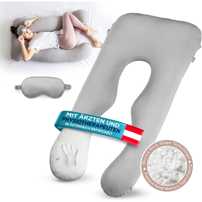 mimi kalu® Side Sleeper Pillow with Memory Foam [Shape-Retaining] including 100% Soft-Cotton Cover and Sleep Mask | Pregnancy Pillow for Sleeping | Pillow | Nursing Pillow | Snuggle Pillow | Comfort Pillow 130 x 70 Platinum Gray 1
