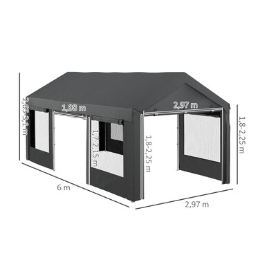 Outsunny Carport 6x3m Party Tent Adjustable Height Car Garage with 4 Mesh Windows and 4 Doors for Cars and Trucks Made of Steel