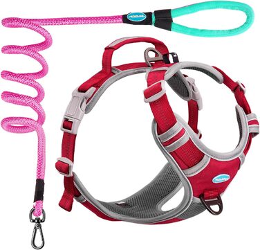 Шлейка для собак ThinkPet No-Pull, дихаюча, для малих, середніх та великих собак, регульована, м'яка, для прогулянок, безпечна, з контролем, з підкладкою, світловідбиваюча, червона, з повідком 150 см, розмір M