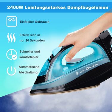 Пароочищувач для одягу бездротовий 2400W з керамічною підошвою, вертикальне прасування, функція Steam Iron Blau2