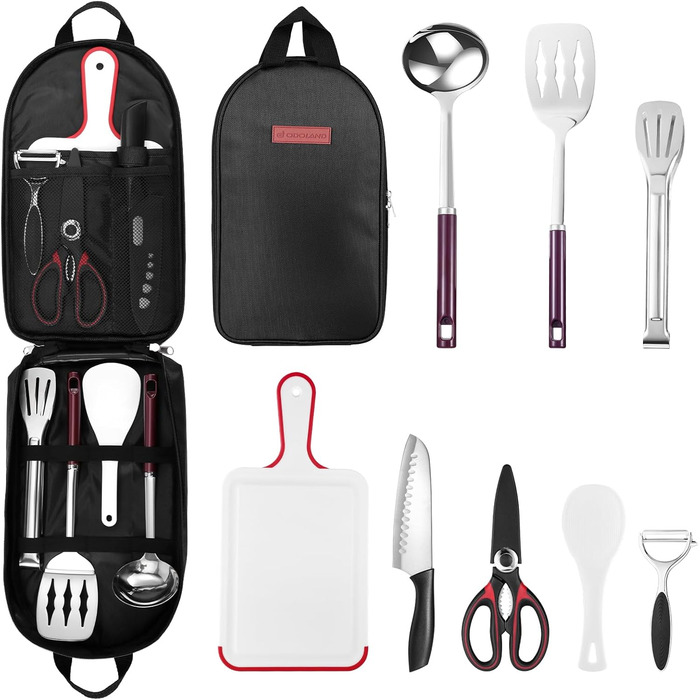 Odoland Kitchen Helper Set, Kitchen Gadget Set, Outdoor Cookware Set with Santoku Knife, Kitchen Scissors, Spatula, Tongs, Ladle, Cutting Boards - Ideal for Picnics, Travel, Hiking, and Gardening