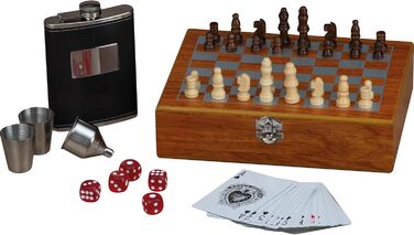 Набір флакон для алкоголю 237 мл з шахами, кубиками, картами, воронкою в дерев'яній шкатулці – подарунковий набір для чоловіків – аксесуари для бару та дорожній набір для віскі, горілки, джину та ін.