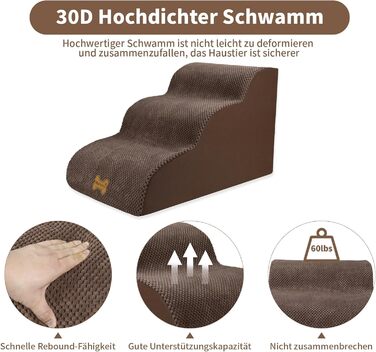 Non-slip Dog Stairs for Small Dogs 2-Step, Pet Stairs for Bed and Sofa made of High-Density Sponge, Dog Stairs Dog Ramp with Removable, Washable Cover and Non-Slip Bottom, 55x40x30cm (3 Steps Brown Dog Stairs)