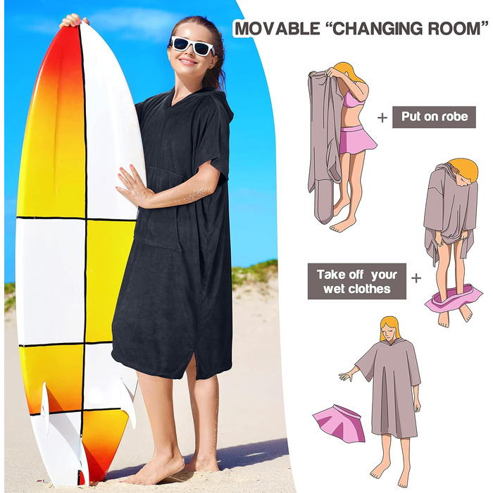 Surf Poncho Hooded Changing Towels Quick Dry Beach Change Robe for Adults Men Women Waterproof and Sandproof Bathrobe for Surfing Swimming Bathing Oversized Black