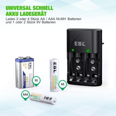 Зарядний пристрій для акумуляторів EBL AA AAA 9V NIMH з 4 відсіками, Smart Plug, LED-дисплей, швидка зарядка