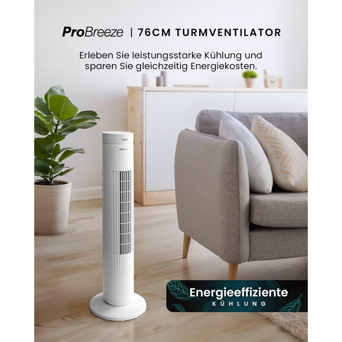 Турбовентилятор Pro Breeze з пультом керування, 76 см, коливання 65°, таймер, 3 швидкості – потужний та енергоефективний, тихий вентилятор для спальні та офісу, білий