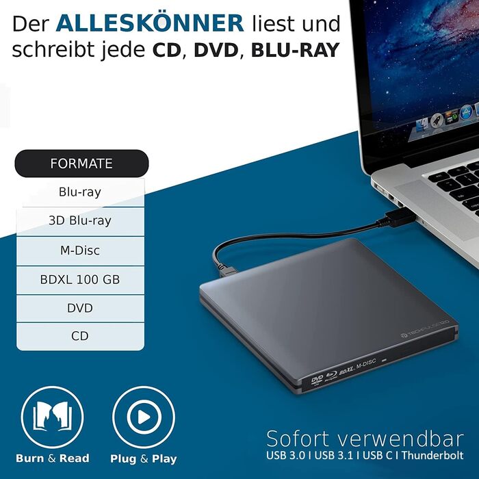 Зовнішній Blu-ray привід techPulse120 USB 3.1 Type-C M-Disc BDXL Brenner Player Slim для PC, Notebook, Mac OS, MacBook Pro Air, алюміній (сірий)