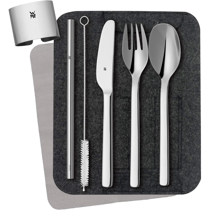 WMF my2Go Stainless Steel Cutlery Set, 8-Piece, Outdoor Travel Cutlery Set for 1 Person, Camping Cutlery with Case, Hiking Cutlery Environmentally Friendly, Straw, Cleaning Brush, Camping Accessories Gift