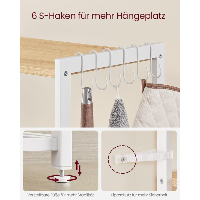 Стелаж кухонний VASAGLE з 2 металевими кошиками, стелаж-пекарня з гачками та полицями, для мікрохвильової печі, 35 x 80 x 93,5 см, золотий дуб + білий