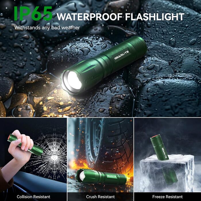 LED ліхтарик Gearlite: 2 шт., 2000 люмен, 5 режимів, водонепроникний IP65, для кемпінгу, туризму, дітей, невідкладних ситуацій (зелений)