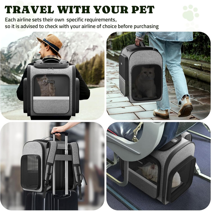 Рюкзак-переноска для котів Pawtners з розширеним тунелем для ігор, дозволений авіакомпаніями, для маленьких собак та великих котів до 11,3 кг, складаний, сірий (15.7'L x 12.6'W x 15.0'H)