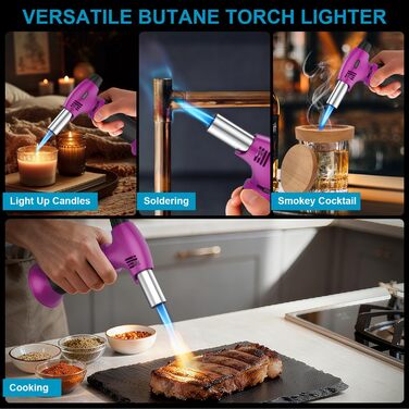 Наповнюваний пальник для крем-брюле, міні-пальник з безпечним затвором та регульованим полум'ям для десертів, BBQ, фіолетово-чорний