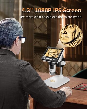 Цифровий мікроскоп AOPICK з LCD екраном, 50X-500X, 4.3 дюйми, 1080P, USB, 8 LED, для дорослих/дітей, сумісний з MacOS Windows (білий)