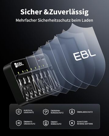 Зарядний пристрій EBL для акумуляторів AA, AAA, 9V, сумісний з NI-MH, USB-C PD3.0 та Micro USB, швидка зарядка