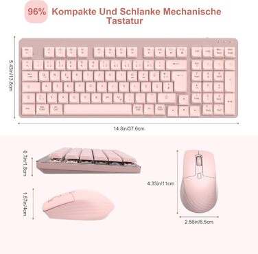 Leadsail FA98 Бездротова Механічна Клавіатура та Миша, 98 Клавіш, QWERTY, Рожевий Колір, 1600 DPI для PC, MacOS, Windows