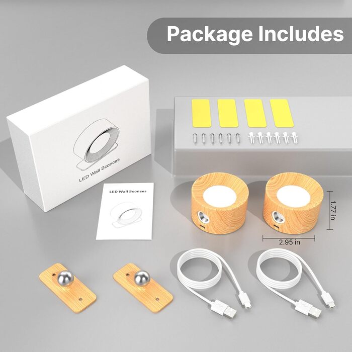 LED настінне освітлення Mexllex 2 шт. з USB-зарядкою, 3 кольори та 3 рівні яскравості, поворот на 360°, сенсорне керування, бездротове, (білий, дерев'яний масив)