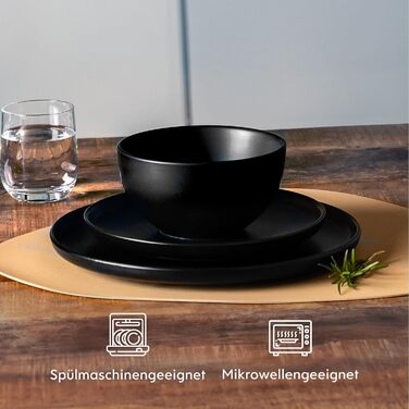 Набір посуду Twinzee Steinzeug Schwarz: 24 елементи (тарілки, миски) - міцний, елегантний, для мікрохвильовки та посудомийної машини