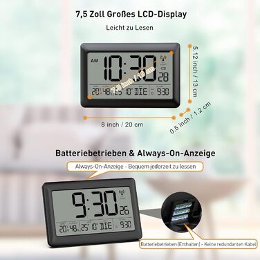 LATEC Wall Clock Digital, Digital Wall Clock with Temperature and Humidity Display, Radio Clock Digital with Backlight, Date, Day of the Week, Large, 20 x 13 x 1.2 cm (with batteries)