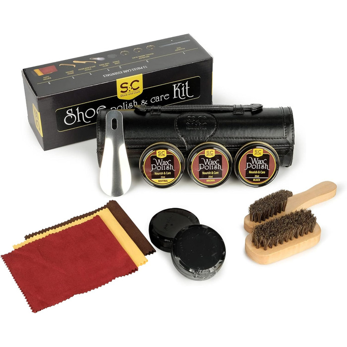 Stone & Clark 12-Piece Shoe Cream & Leather Care Set with Brown Wax, Polishing Shoe Brushes, Compact Shoe Shine Kit with Horsehair Brushes & PU (Classic Black Kit)