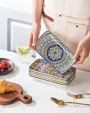 Сервіровочні тарілки HENXFEN з порцеляни, 25.4 см, набір прямокутних тарілок, 25.4 x 17.8 см, для салату, закусок, сашімі, богемний квітковий дизайн у 6 яскравих кольорах (прямокутна тарілка 20.3 см)