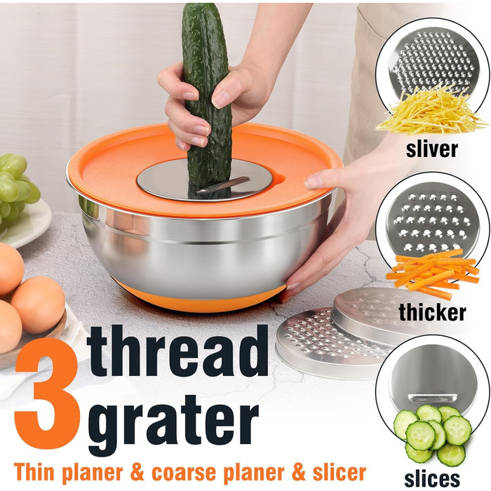 Набір місок для перемішування BEWOS 7 шт. з кришкою, нержавіюча сталь, набір місок з терткою, вкладна конструкція, кольорові нековзні дна, об'єм 4.3, 3.8, 3.3, 2, 1.4, 1, 0.7 л для змішування та подачі