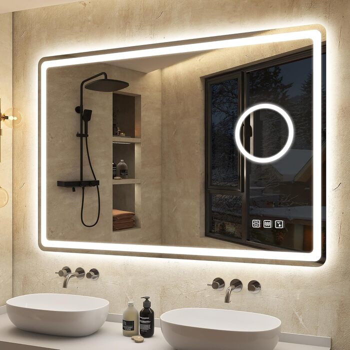 Дзеркало для ванної кімнати S'bagno з підсвічуванням 100x70 см, LED, з пам'яттю, антизапар, 3 колірні температури, регулювання яскравості, HD скло, IP44, горизонтальне/вертикальне (з 5-кратною лупою та Bluetooth)