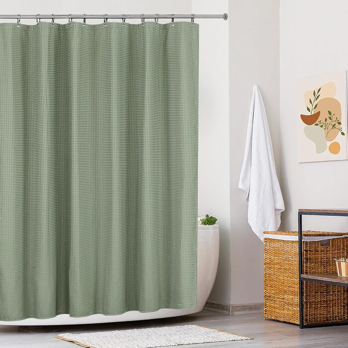 Штора для душу текстильна водонепроникна з поліестеру, 180x200 см, зелена, з кільцями (1 шт)