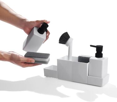 Dish Soap and Hand Soap Dispenser Kitchen Set with Sponge Holder and Brush, Dish Soap Dispenser Kitchen Black, Soap and Dish Soap Dispenser Set Kitchen Gadget Sink Organizer with Soap Dispenser (White, 4 in 1)