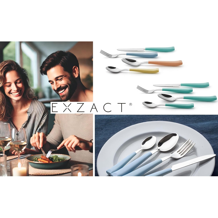 EXZACT 24-Piece Cutlery Set - Stainless Steel with Vividly Colored Plastic Handles - Comfortable to Hold - 6 x Forks, 6 x Knives, 6 x Dinner Spoons, 6 x Teaspoons (Mixed Color x 24)