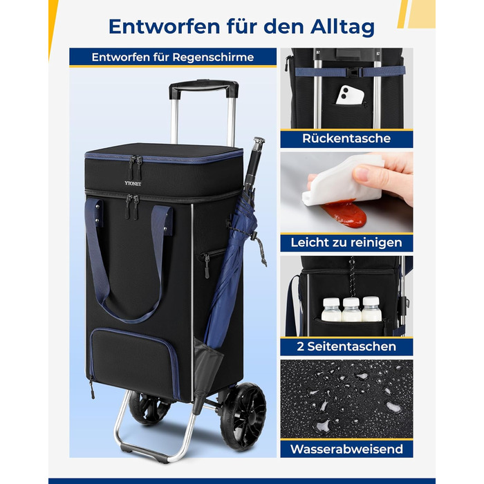 Тролей для покупок Ytonet: складаний, з відділенням для охолодження, 55 літрів, 68 кг, 3-в-1 (сумка-тележка, сумка для покупок), чорний