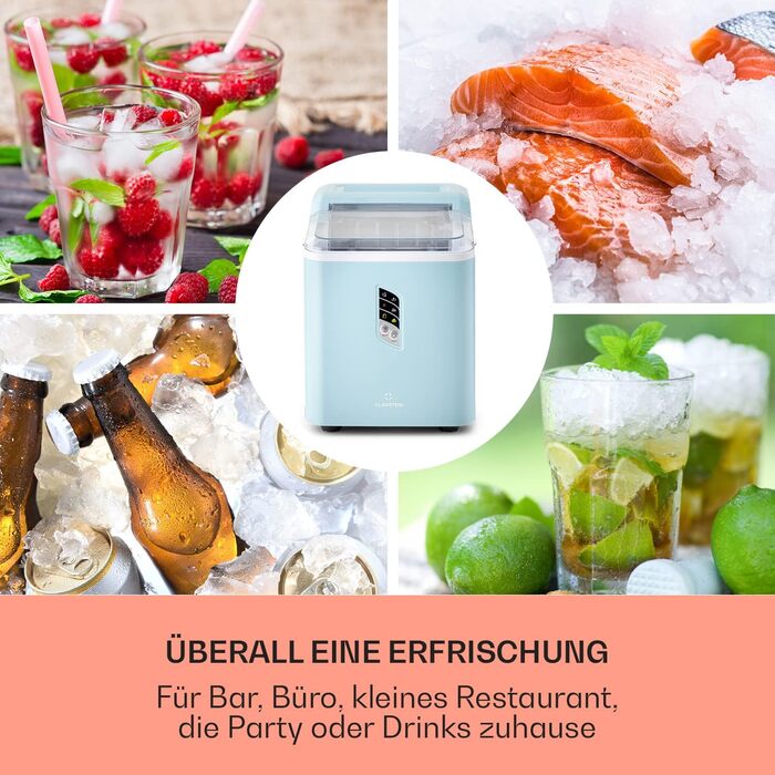 Klarstein Ice Cube Machine Small, Fast Ice Cube Maker, Self-Cleaning Ice Cube Maker, Ice Cube Device for Large and Small Ice Cubes, with Ice Cube Container, 12kg/24h, Capacity 1.5 L (Blue)