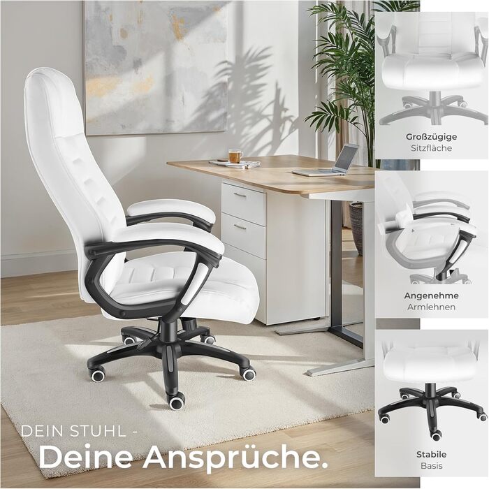 Офісний крісло tectake® з регулюванням висоти, обертання, підлокітники, функція гойдання, штучна шкіра, 12 см м'якість - білий колір