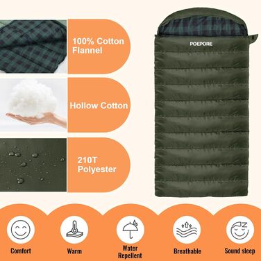 Спальний мішок Poepore Outdoor Winter для дорослих, Extra Wide, 3-4 сезони, XXL, теплий, бавовна, фланель, Deckenschlafsack, для кемпінгу, подорожей, пригод, 230 x 100 см, 0°C (Olive-L-Zip, -6°C)