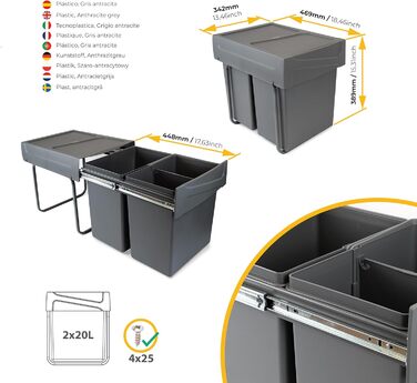 Відро для сміття кухонне Emuca з підвісною системою, 2 висувні контейнери по 20 л, загальний об'єм 40 л (2 x 20 л), сталь та пластик, антрацитовий колір