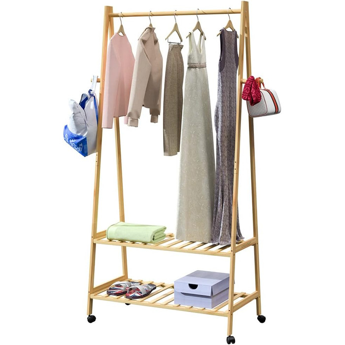 Casaria® Clothes Rack on Wheels Wood Stable Bamboo Clothes Rail Narrow with 4 Hooks 2 Shelves Open Coat Rack 155x70cm Entryway Coat Stand